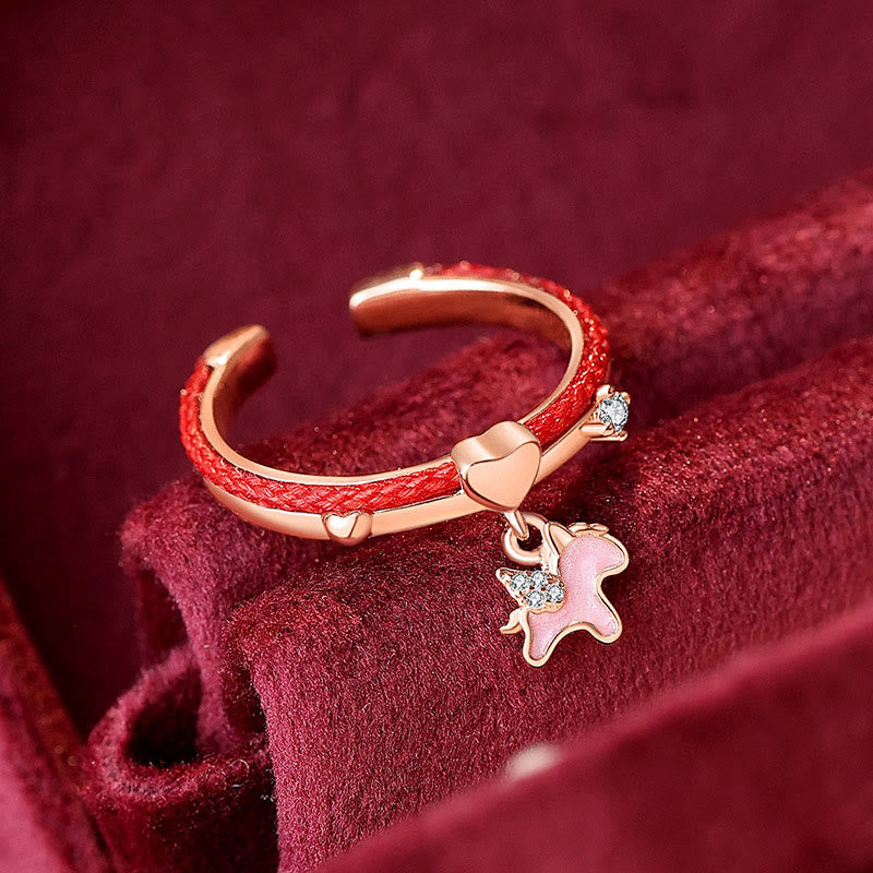 Bague ouverte porte-bonheur en argent sterling 925 et fil rouge avec Buddha Stones - Cordon rouge en argent 925 Licorne rose (ajustable) - image 0