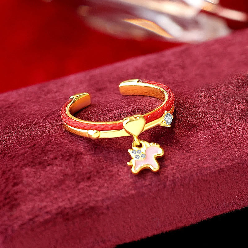 Bague ouverte porte-bonheur en argent sterling 925 et fil rouge avec Buddha Stones - Licorne dorée en argent 925 à cordon rouge (réglable) - image 1