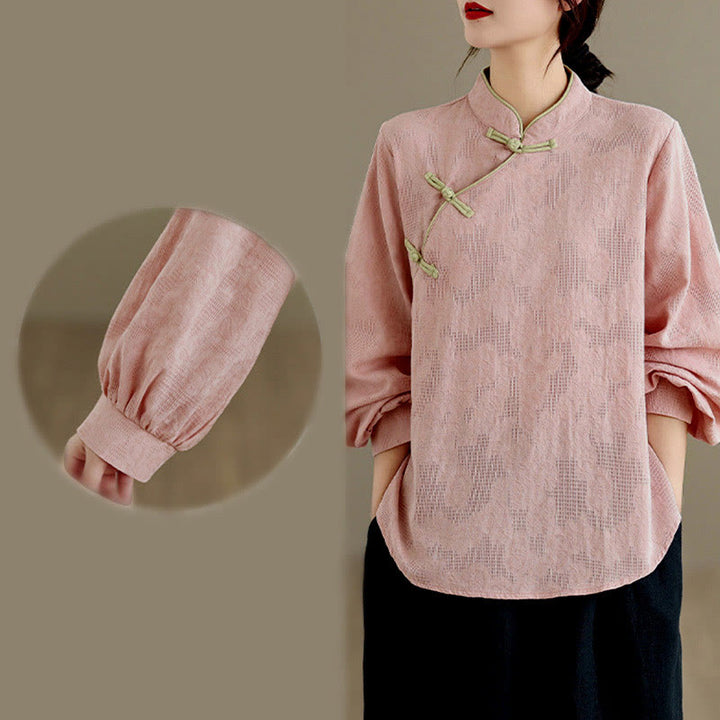 Chemise en coton à manches longues pour femme, motif floral traditionnel printanier, ornée de Buddha Stones et de boutons brandebourg. - image 18