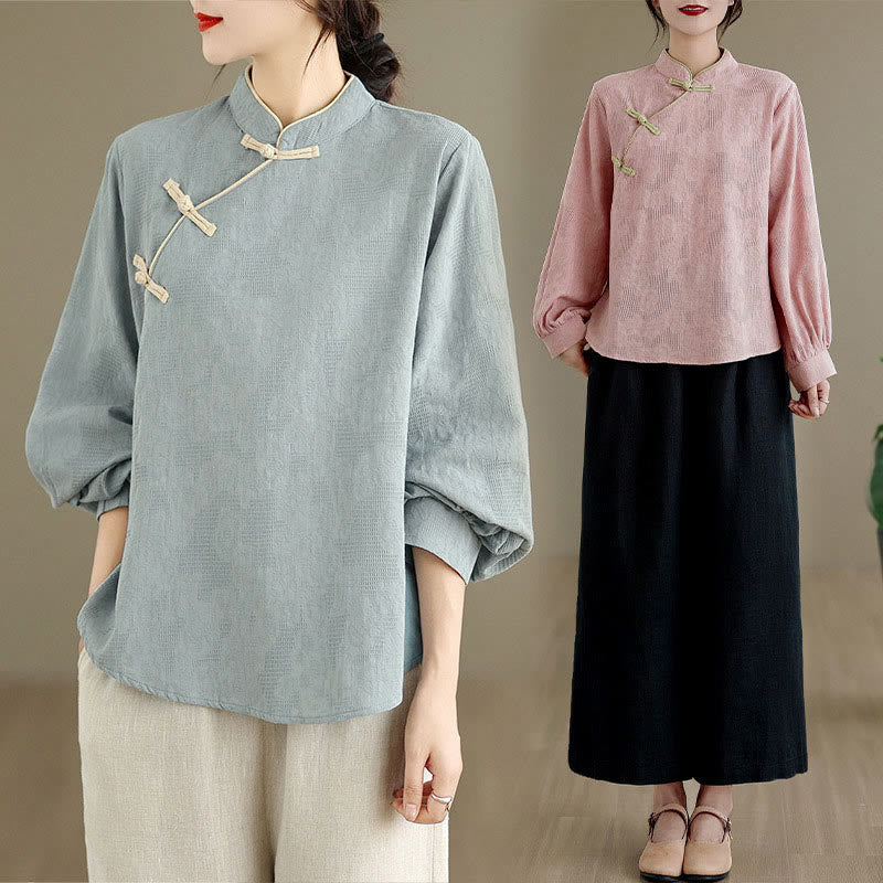 Chemise en coton à manches longues pour femme, motif floral traditionnel printanier, ornée de Buddha Stones et de boutons brandebourg. - image 19