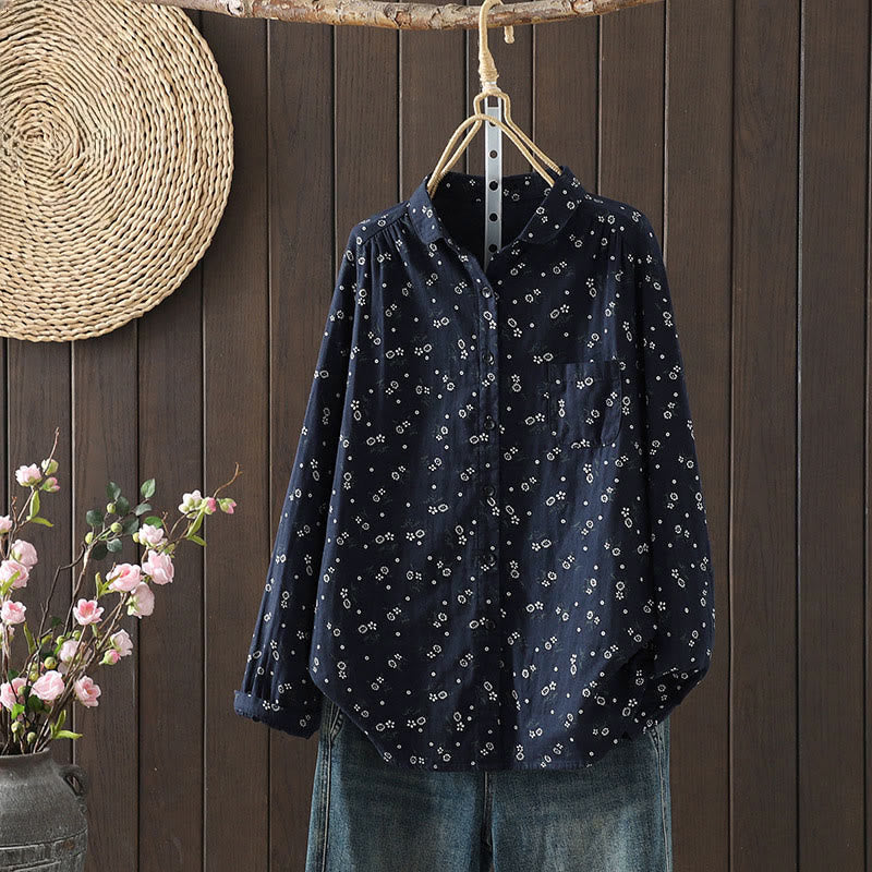Chemise en coton à manches longues pour femme, ornée de petits motifs floraux et de Buddha Stones. - SteelBlue - US8-10，UK/AU12-14，EU40-42 (2XL) - image 0