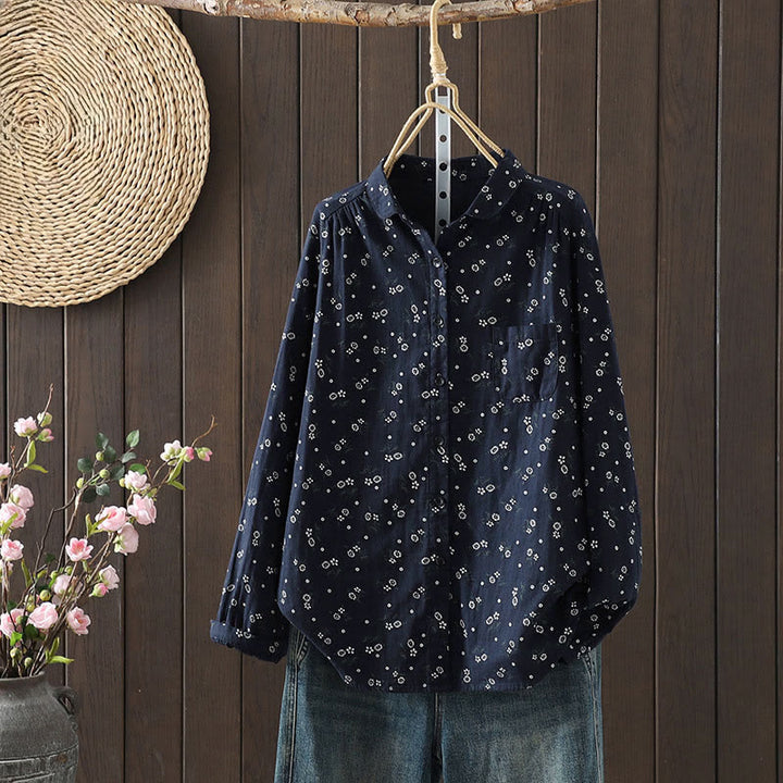 Chemise en coton à manches longues pour femme, ornée de petits motifs floraux et de Buddha Stones. - SteelBlue - US8-10，UK/AU12-14，EU40-42 (2XL) - image 0