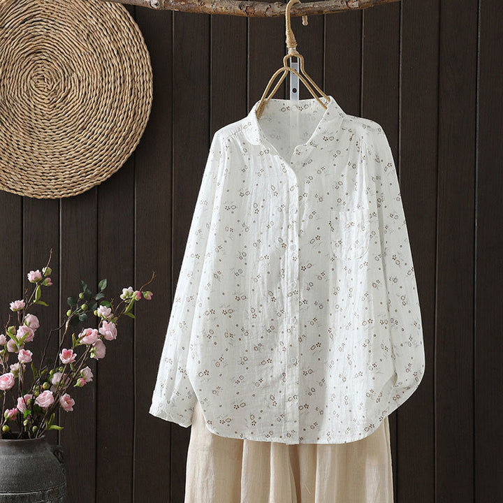 Chemise en coton à manches longues pour femme, ornée de petits motifs floraux et de Buddha Stones. - Blanc - US8-10，UK/AU12-14，EU40-42 (2XL) - image 11