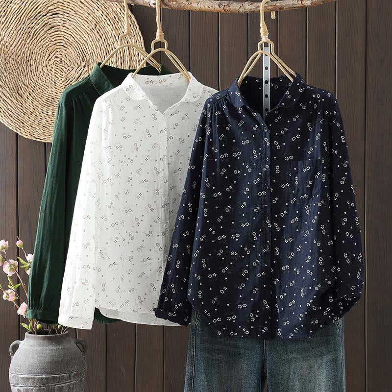 Chemise en coton à manches longues pour femme, ornée de petits motifs floraux et de Buddha Stones. - image 1