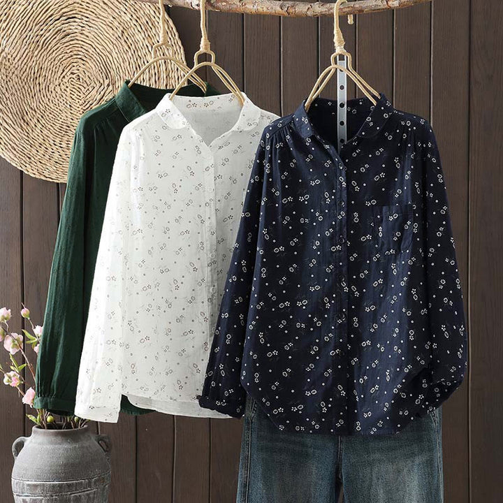 Chemise en coton à manches longues pour femme, ornée de petits motifs floraux et de Buddha Stones. - image 1