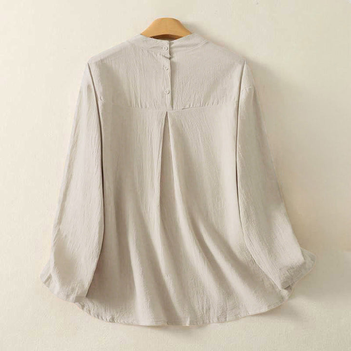 Chemise à manches longues en coton pour femme, motif Buddha Stones, col rond uni et trois boutons au dos - image 1