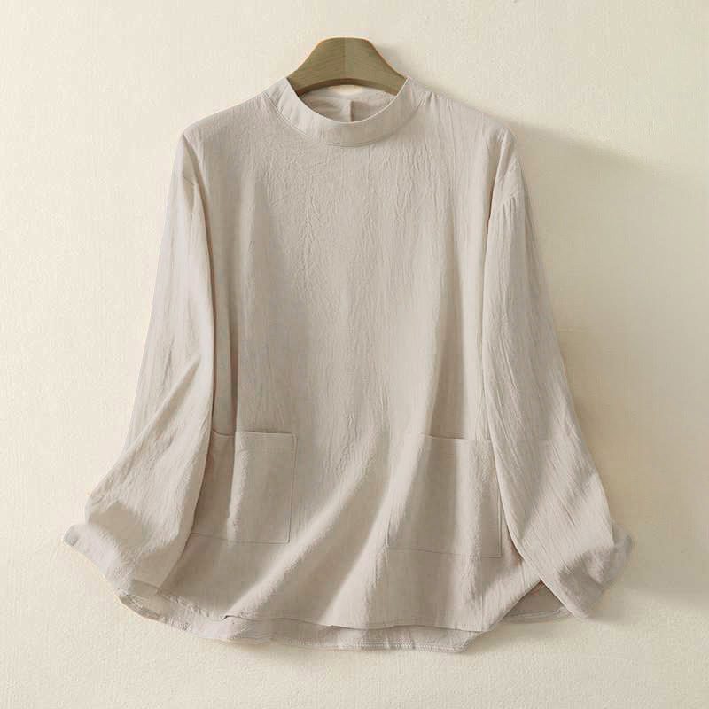 Chemise à manches longues en coton pour femme, motif Buddha Stones, col rond uni et trois boutons au dos - Beige - US8-10，UK/AU12-14，EU40-42 (2XL) - image 0