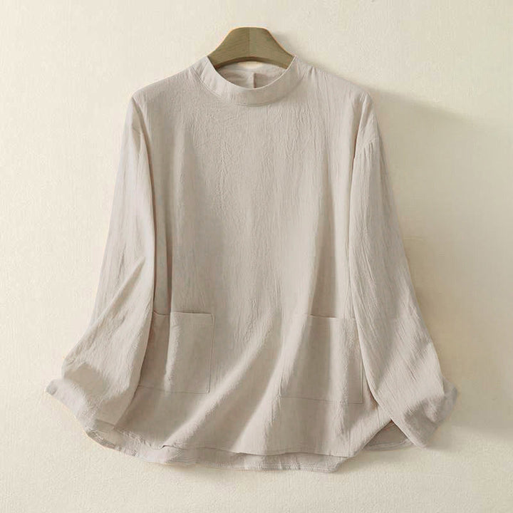 Chemise à manches longues en coton pour femme, motif Buddha Stones, col rond uni et trois boutons au dos - Beige - US8-10，UK/AU12-14，EU40-42 (2XL) - image 0