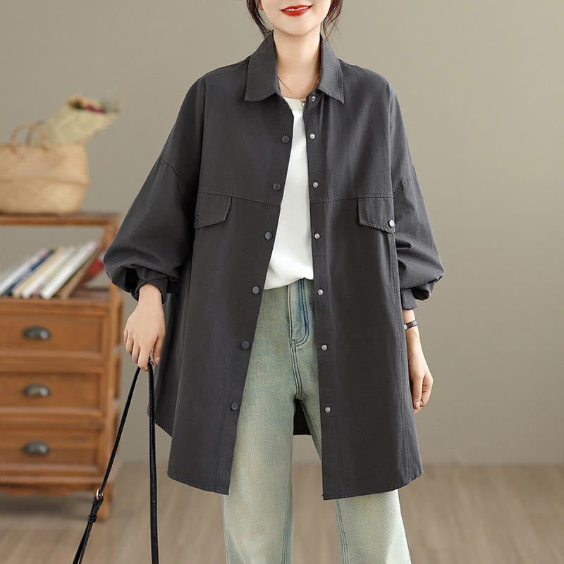 Buddha Stones Veste à manches longues en coton pour femme, couleur unie, bouton de revers, design simple, automne - Gris terne - US14，UK/AU18，EU46 (2XL) - image 0