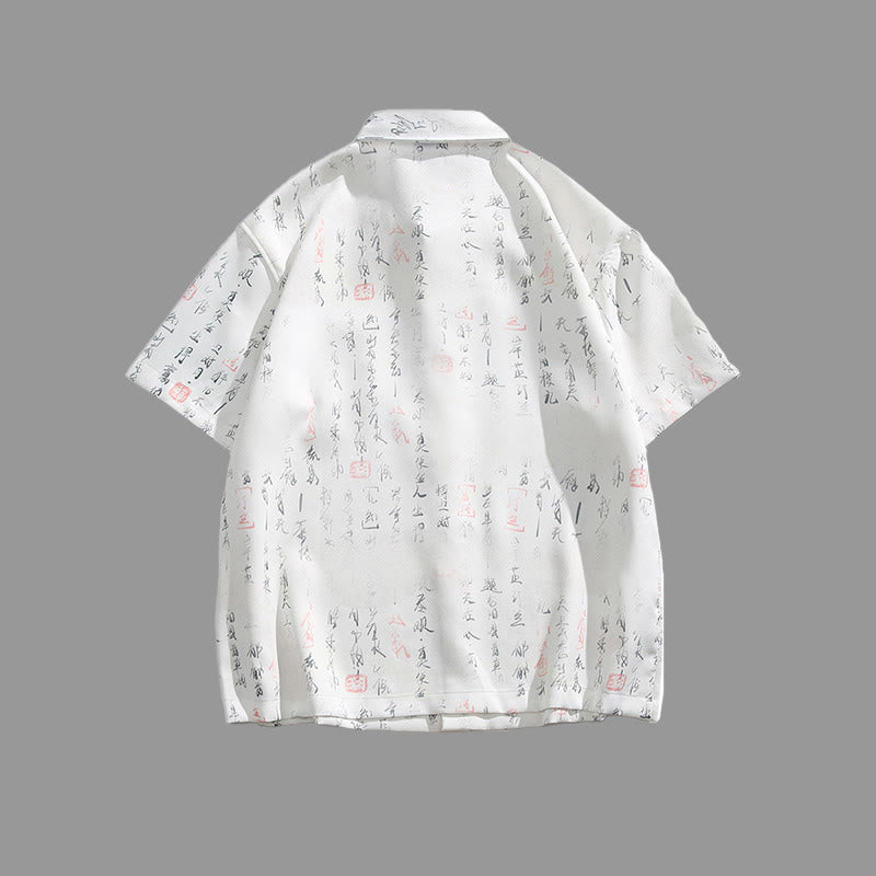 Buddha Stones Chemise homme à manches courtes avec poche, fermeture à brandebourg en métal et motif calligraphique imprimé - image 3