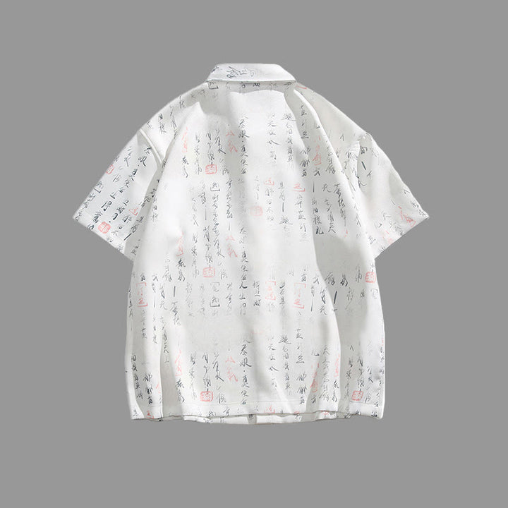 Buddha Stones Chemise homme à manches courtes avec poche, fermeture à brandebourg en métal et motif calligraphique imprimé - image 3