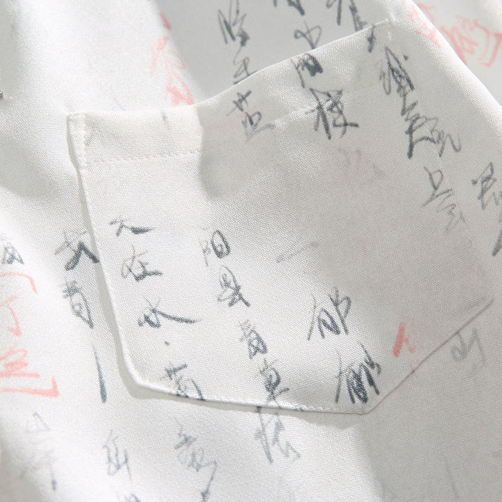 Buddha Stones Chemise homme à manches courtes avec poche, fermeture à brandebourg en métal et motif calligraphique imprimé - image 6