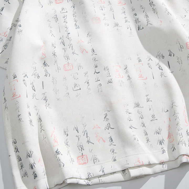 Buddha Stones Chemise homme à manches courtes avec poche, fermeture à brandebourg en métal et motif calligraphique imprimé - image 9