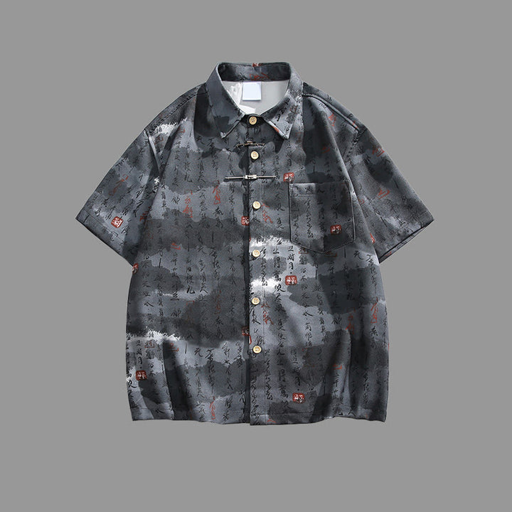 Buddha Stones Chemise homme à manches courtes avec poche, fermeture à brandebourg en métal et motif calligraphique imprimé - Noir - US/UK/AU40，EU50 (2XL) - image 10