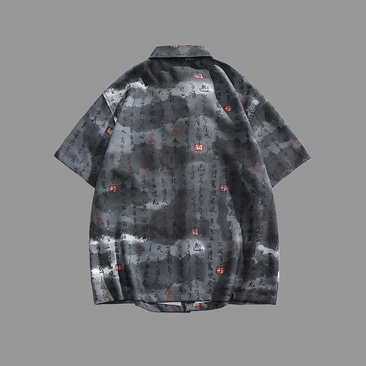 Buddha Stones Chemise homme à manches courtes avec poche, fermeture à brandebourg en métal et motif calligraphique imprimé - image 11