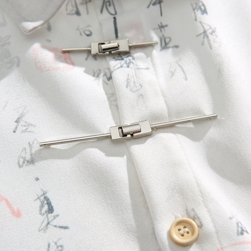 Buddha Stones Chemise homme à manches courtes avec poche, fermeture à brandebourg en métal et motif calligraphique imprimé - image 7