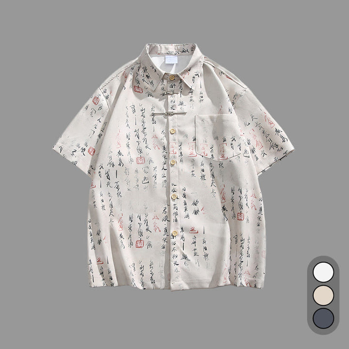 Buddha Stones Chemise homme à manches courtes avec poche, fermeture à brandebourg en métal et motif calligraphique imprimé - Blanc antique - US/UK/AU40，EU50 (2XL) - image 0