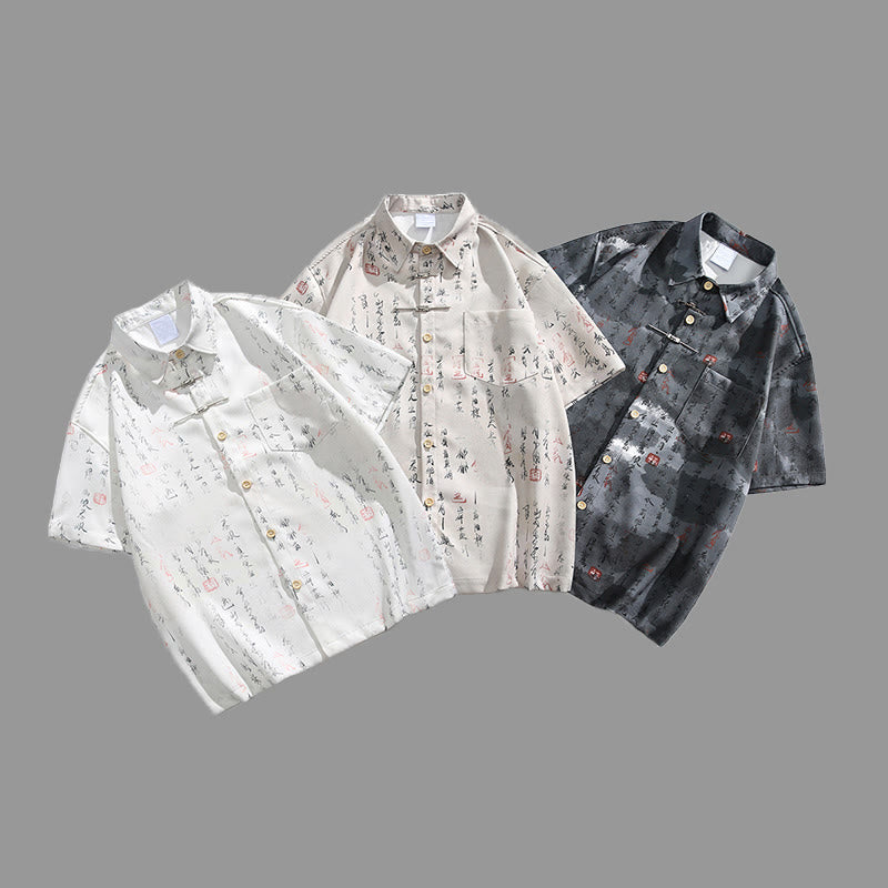 Buddha Stones Chemise homme à manches courtes avec poche, fermeture à brandebourg en métal et motif calligraphique imprimé - image 13