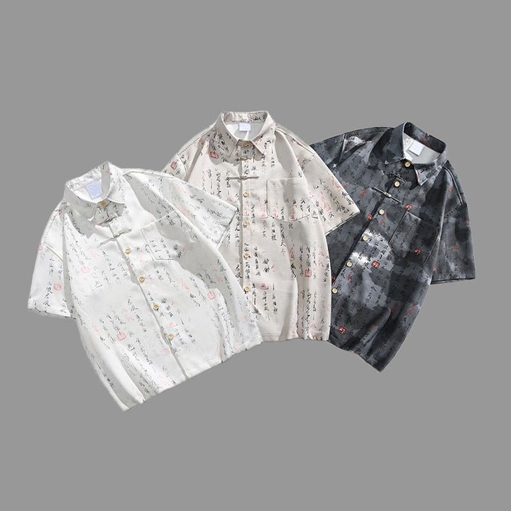 Buddha Stones Chemise homme à manches courtes avec poche, fermeture à brandebourg en métal et motif calligraphique imprimé - image 13