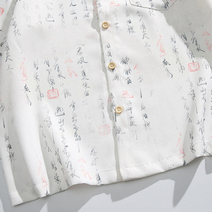 Buddha Stones Chemise homme à manches courtes avec poche, fermeture à brandebourg en métal et motif calligraphique imprimé - image 8