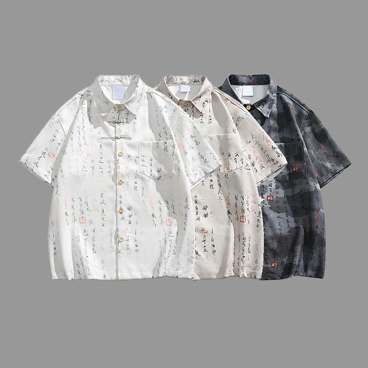 Buddha Stones Chemise homme à manches courtes avec poche, fermeture à brandebourg en métal et motif calligraphique imprimé - image 12