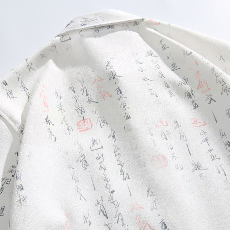 Buddha Stones Chemise homme à manches courtes avec poche, fermeture à brandebourg en métal et motif calligraphique imprimé - image 5