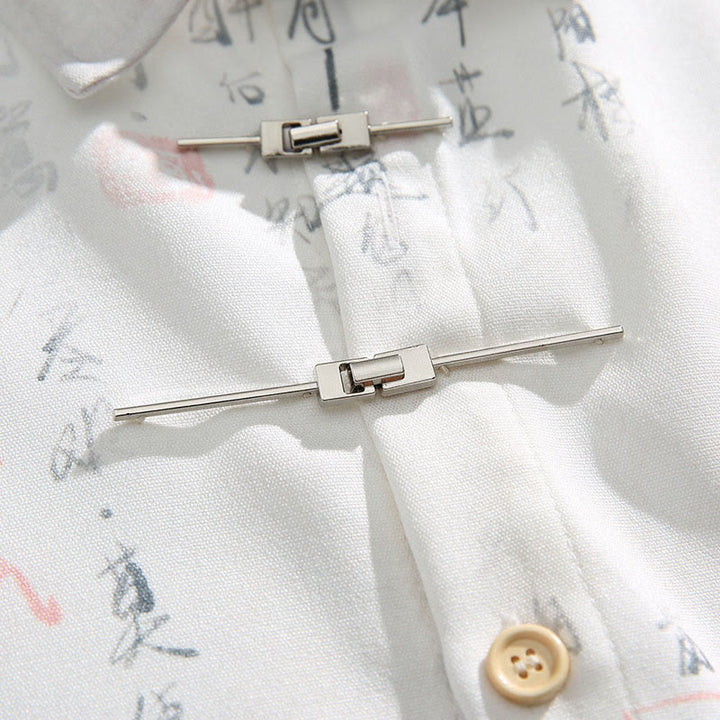 Buddha Stones Chemise homme à manches courtes avec poche, fermeture à brandebourg en métal et motif calligraphique imprimé - image 7