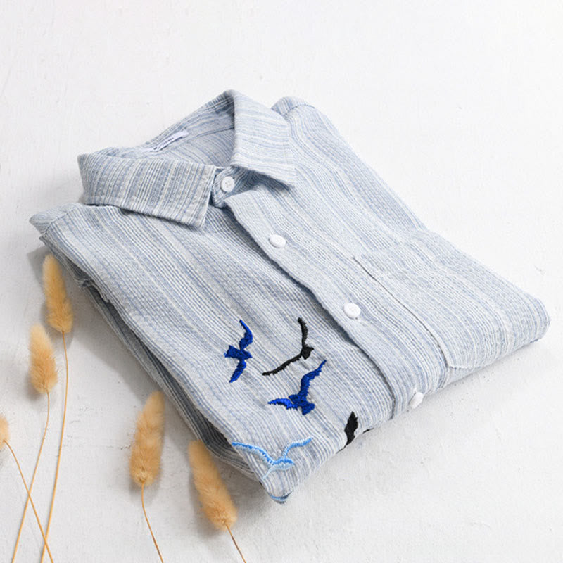 Buddha Stones Chemise homme en coton à manches longues avec poche, motif rayé et broderie d'oiseaux - image 12