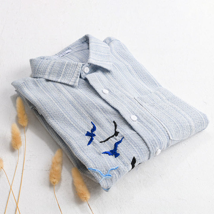 Buddha Stones Chemise homme en coton à manches longues avec poche, motif rayé et broderie d'oiseaux - image 12
