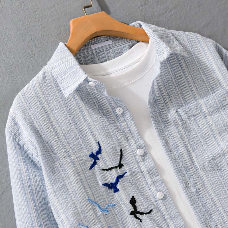 Buddha Stones Chemise homme en coton à manches longues avec poche, motif rayé et broderie d'oiseaux - image 2