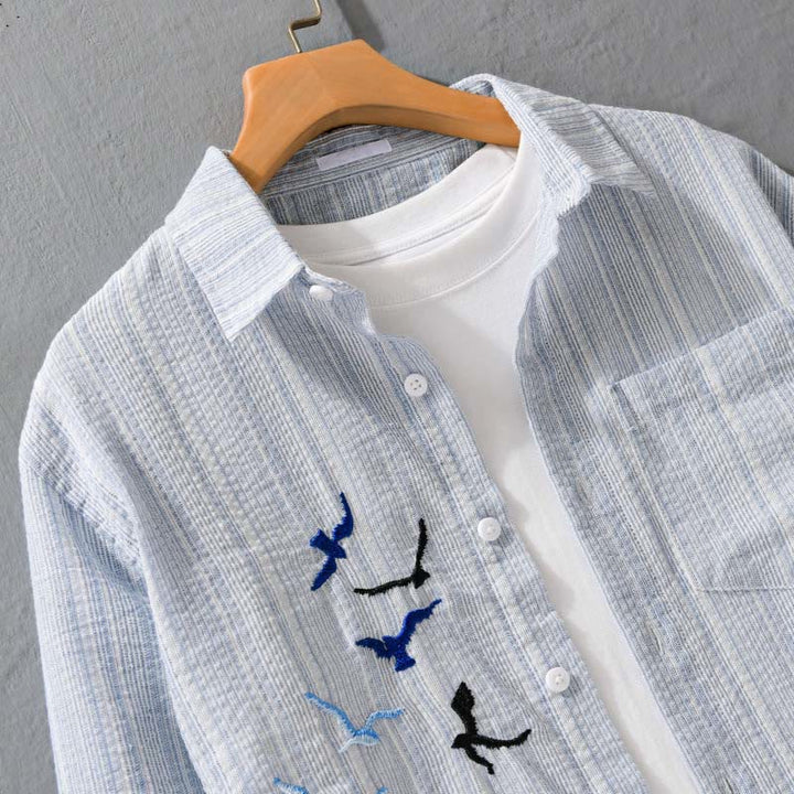 Buddha Stones Chemise homme en coton à manches longues avec poche, motif rayé et broderie d'oiseaux - image 2