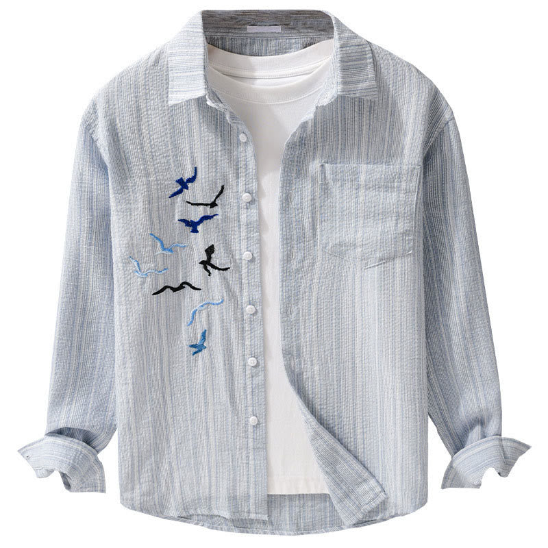 Buddha Stones Chemise homme en coton à manches longues avec poche, motif rayé et broderie d'oiseaux - image 13