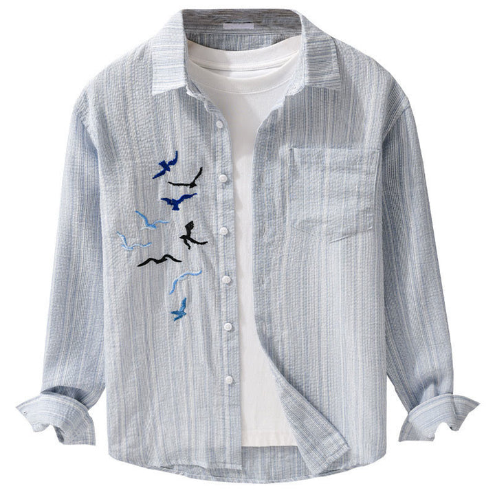 Buddha Stones Chemise homme en coton à manches longues avec poche, motif rayé et broderie d'oiseaux - image 13