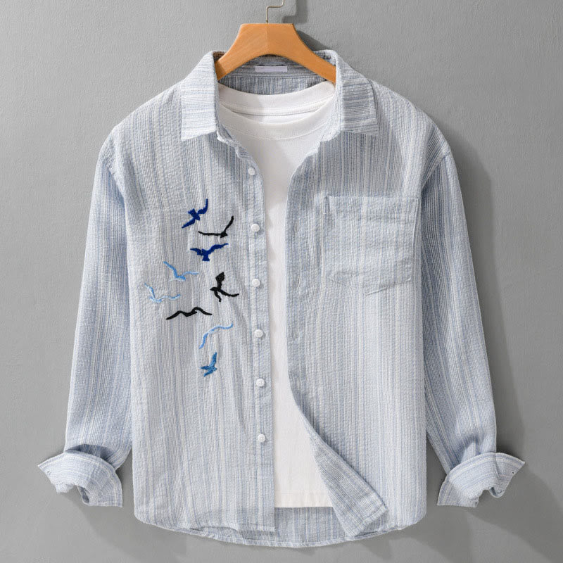 Buddha Stones Chemise homme en coton à manches longues avec poche, motif rayé et broderie d'oiseaux - Bleu clair - US/UK/AU42，EU52 (3XL) - image 0