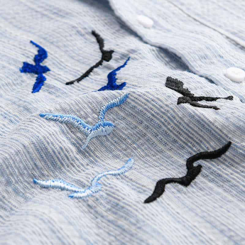 Buddha Stones Chemise homme en coton à manches longues avec poche, motif rayé et broderie d'oiseaux - image 8