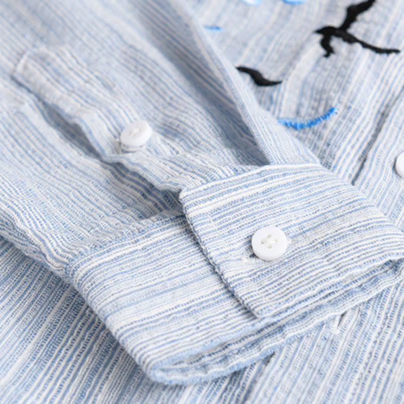 Buddha Stones Chemise homme en coton à manches longues avec poche, motif rayé et broderie d'oiseaux - image 9