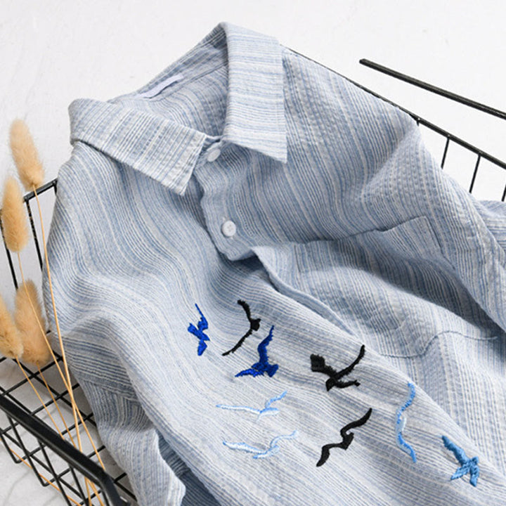 Buddha Stones Chemise homme en coton à manches longues avec poche, motif rayé et broderie d'oiseaux - image 3