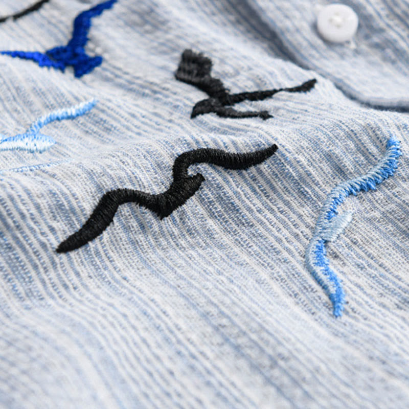 Buddha Stones Chemise homme en coton à manches longues avec poche, motif rayé et broderie d'oiseaux - image 7