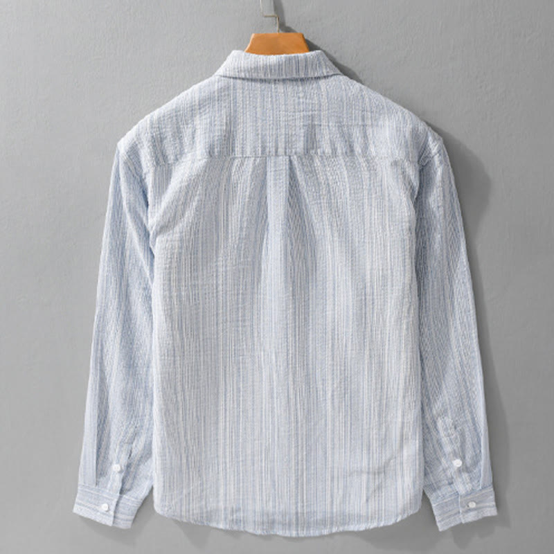 Buddha Stones Chemise homme en coton à manches longues avec poche, motif rayé et broderie d'oiseaux - image 1