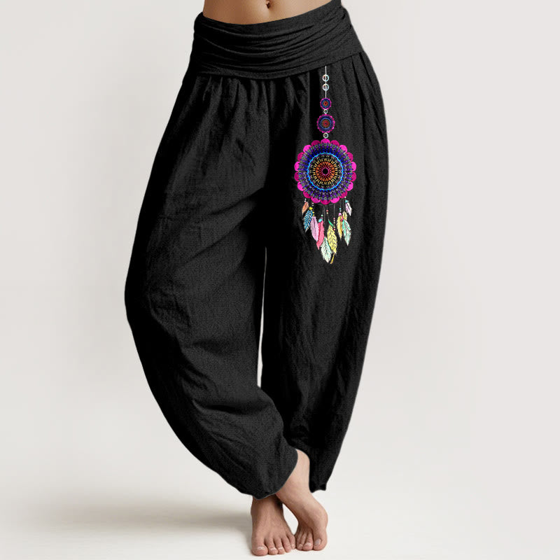 Buddha Stones Pantalon harem pour femme en pur coton à motif attrape-rêves colorés et taille élastique - Noir - US16，UK/AU20，EU48 (3XL) - image 0