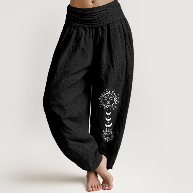 Buddha Stones Pantalon harem en pur coton à motif bohème soleil et lune pour femme, taille élastique - Noir - US16，UK/AU20，EU48 (3XL) - image 5