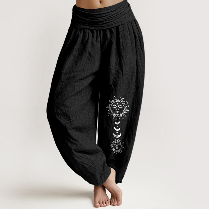 Buddha Stones Pantalon harem en pur coton à motif bohème soleil et lune pour femme, taille élastique - Noir - US16，UK/AU20，EU48 (3XL) - image 5