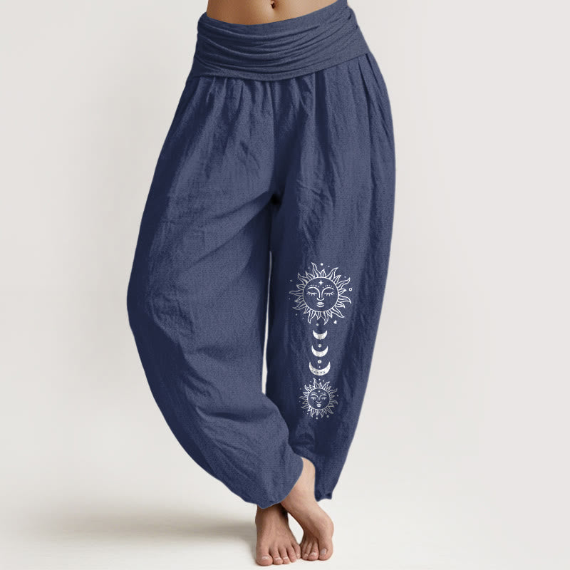 Buddha Stones Pantalon harem en pur coton à motif bohème soleil et lune pour femme, taille élastique - Bleu ardoise foncé - US16，UK/AU20，EU48 (3XL) - image 8
