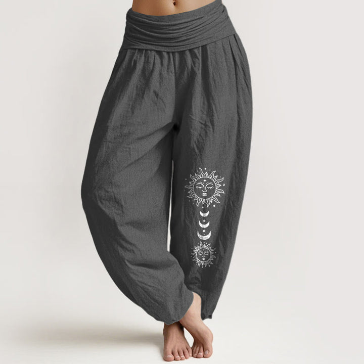 Buddha Stones Pantalon harem en pur coton à motif bohème soleil et lune pour femme, taille élastique - Gris terne - US16，UK/AU20，EU48 (3XL) - image 0