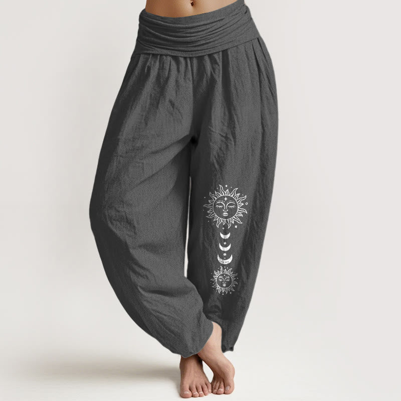 Buddha Stones Pantalon harem en pur coton à motif bohème soleil et lune pour femme, taille élastique - Gris terne - US16，UK/AU20，EU48 (3XL) - image 0