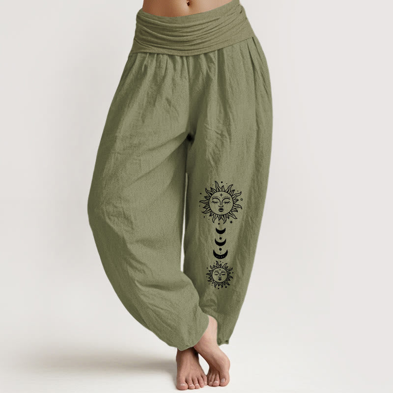 Buddha Stones Pantalon harem en pur coton à motif bohème soleil et lune pour femme, taille élastique - Vert olive - US16，UK/AU20，EU48 (3XL) - image 14