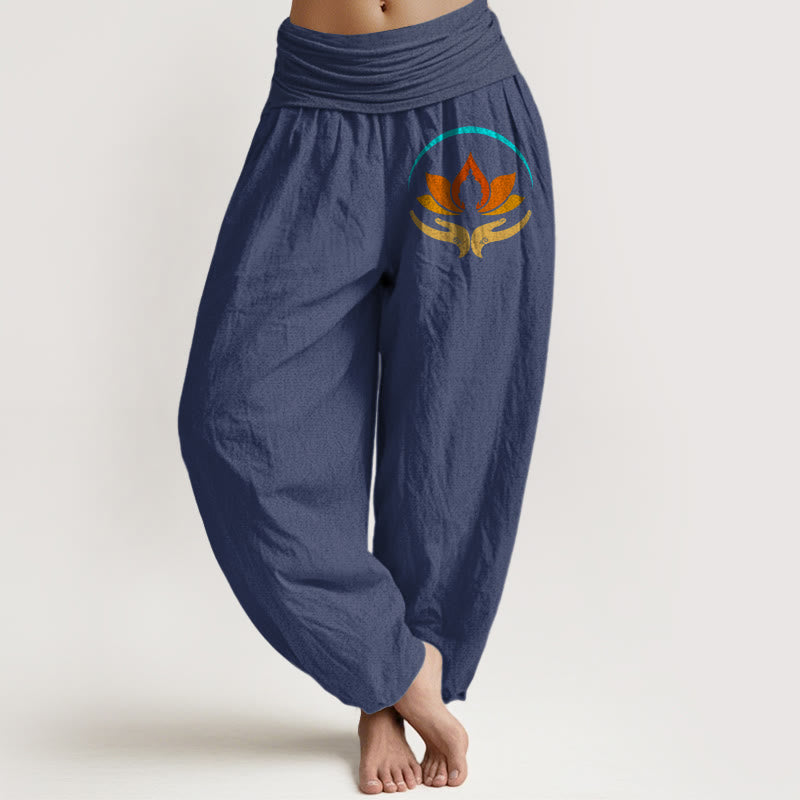 Buddha Stones Pantalon harem femme en pur coton, taille élastique, motif lotus et Bouddha - Bleu ardoise foncé - US16，UK/AU20，EU48 (3XL) - image 5
