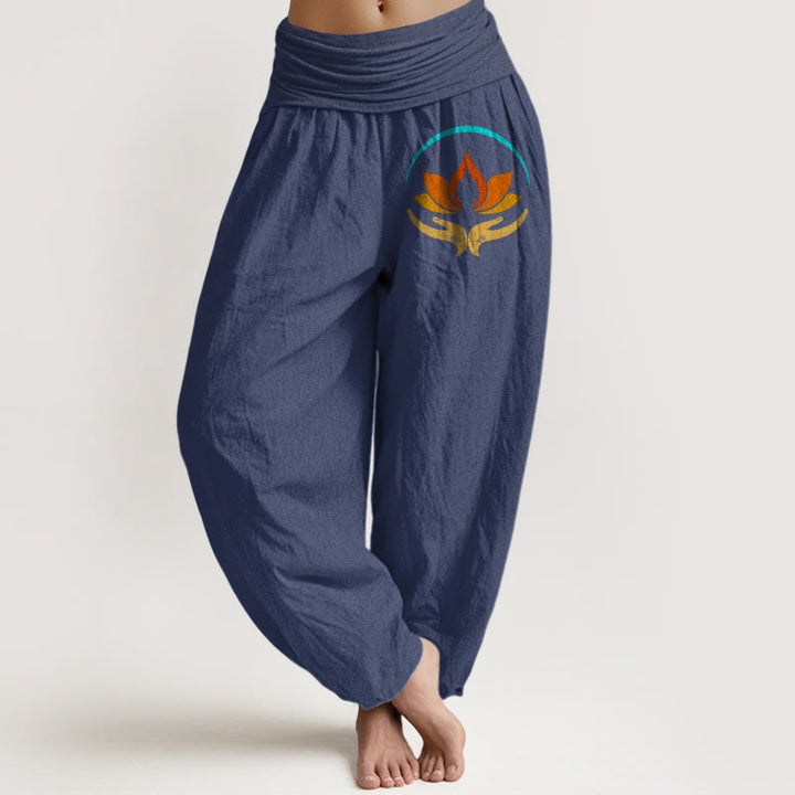 Buddha Stones Pantalon harem femme en pur coton, taille élastique, motif lotus et Bouddha - Bleu ardoise foncé - US16，UK/AU20，EU48 (3XL) - image 5