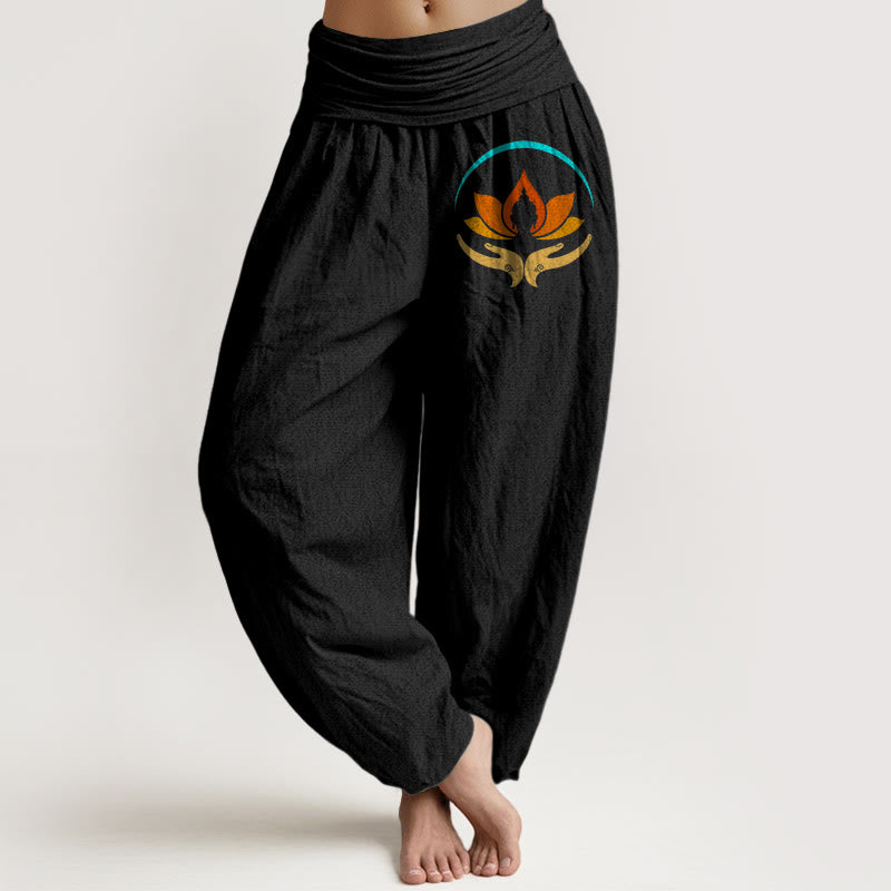 Buddha Stones Pantalon harem femme en pur coton, taille élastique, motif lotus et Bouddha - Noir - US16，UK/AU20，EU48 (3XL) - image 0