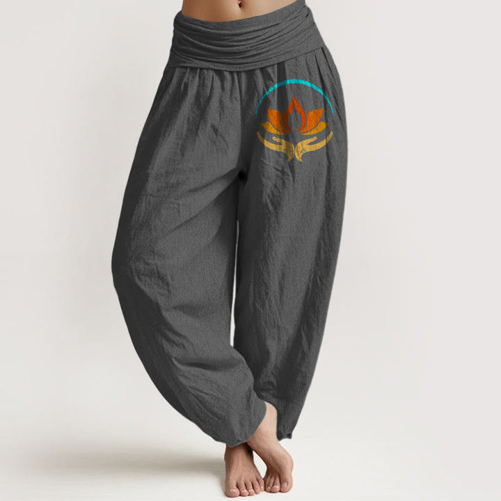 Buddha Stones Pantalon harem femme en pur coton, taille élastique, motif lotus et Bouddha - Gris sombre - US16，UK/AU20，EU48 (3XL) - image 8